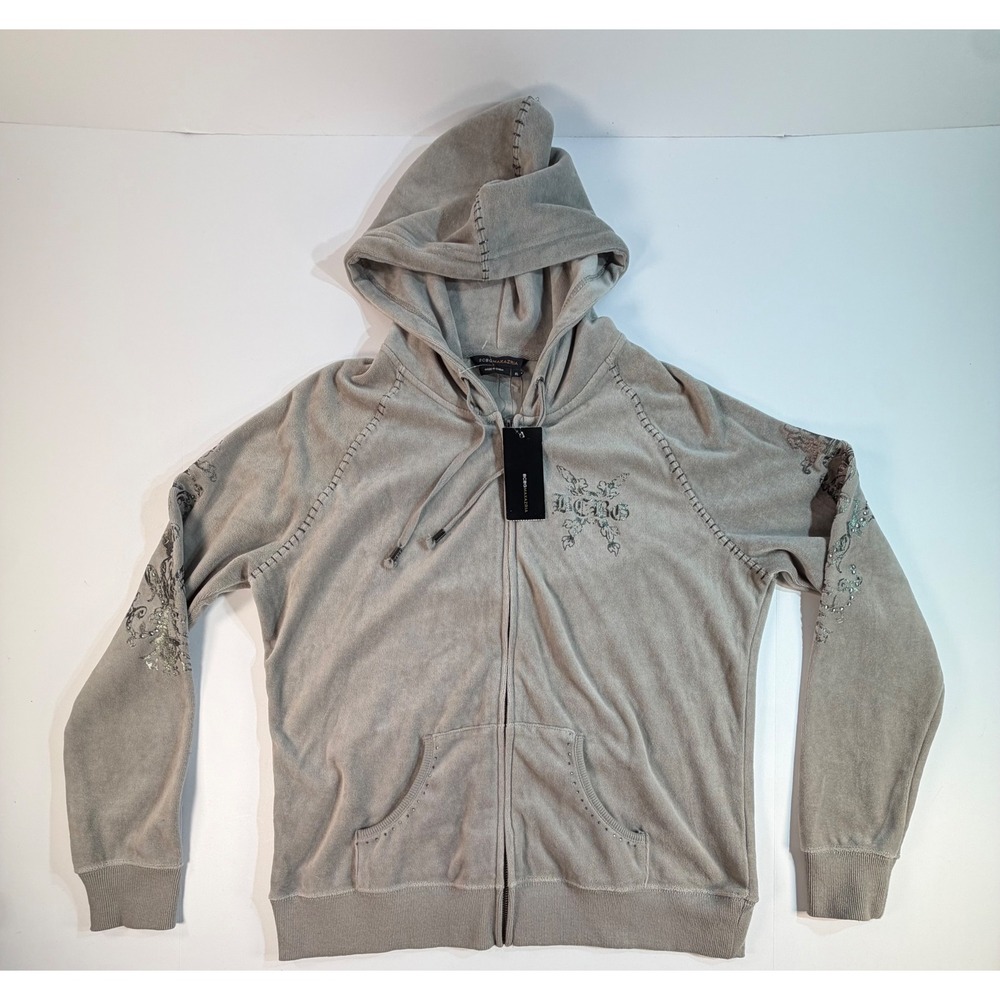 BCBGMAXAZRIA Velour Zip Up Hoodie Stone Gray Rhinestone Graphic XL BCRV13674J